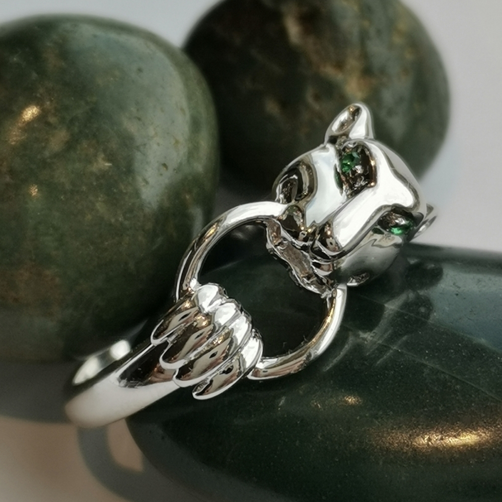 Panther sterling silver ring chrome diopside eyes size 7 - Picture 3 of 7
